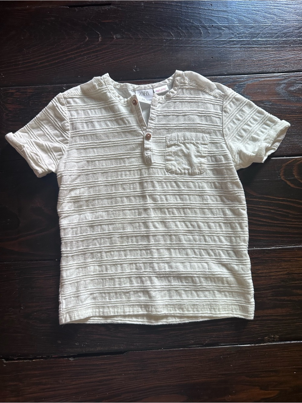 Zara Cream Textured Short Sleeve Pocket Henley Tee